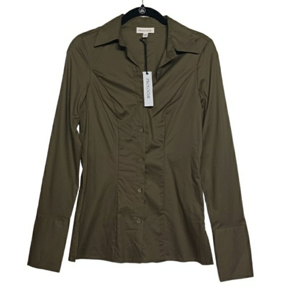 PROLOGUE Paris Olive Green Button Front Tailored Long Sleeve X-Small Top NWT